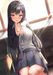 Rule 34 | 1girl, :d, black hair, black jacket, black skirt, blazer, blush, breasts, cleavage, collarbone, commentary request, dutch angle, feet out of frame, grey shirt, hair ornament, hairclip, hand up, highres, index finger raised, indoors, jacket, large breasts, long hair, long sleeves, looking at viewer, miniskirt, open mouth, original, pleated skirt, red eyes, shirt, sitting, skirt, smile, solo, tatsumiya kagari, very long hair