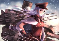 Rule 34 | 1girl, bad id, bad twitter id, belt, black gloves, black skirt, blush, breasts, flat cap, gangut (kancolle), gangut dva (kancolle), gloves, gun, hat, itsuwa (continue), jacket, jacket on shoulders, kantai collection, long hair, long sleeves, looking at viewer, medium breasts, military, military hat, military jacket, military uniform, naval uniform, peaked cap, red shirt, red theme, shirt, skirt, smile, snow, snowing, solo, turret, uniform, weapon