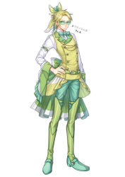 Rule 34 | 1boy, arm belt, belt, bow, bowtie, character name, full body, glasses, green bow, green footwear, green legwear, green pants, hair bow, hand on own hip, kasuka108, lurantis, male focus, pants, personification, pokemon, sash, shoes, standing, sunglasses, vest