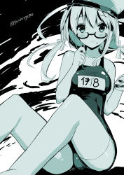 Rule 34 | 10s, 1girl, blush, breasts, glasses, highres, i-8 (kancolle), kantai collection, looking at viewer, medium breasts, mizuta kenji, monochrome, one-piece swimsuit, school swimsuit, solo, swimsuit