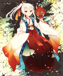 Rule 34 | 1boy, chiyomatsu, flower, full body, goma (11zihisin), hakama, hakama skirt, holding, horns, japanese clothes, kimono, long hair, long sleeves, looking at viewer, male focus, mask, nature, oni horns, oni mask, original, outdoors, petals, pointy ears, ponytail, red eyes, red hakama, skirt, solo, trap, white hair, wide sleeves