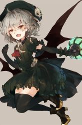 Rule 34 | 1girl, ahoge, alternate costume, bad id, bad pixiv id, bat wings, black footwear, black gloves, black hat, black thighhighs, black wings, dress, fangs, gloves, green dress, grey background, hat, high heels, looking at viewer, open mouth, pointy ears, red eyes, red neckwear, remilia scarlet, shoes, silver hair, simple background, skull, slit pupils, smile, solo, thighhighs, touhou, wings, zairen