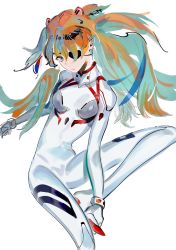 Rule 34 | 1girl, aqua eyes, bodysuit, breasts, evangelion: 3.0+1.0 thrice upon a time, eyepatch, flexible, floating hair, foot out of frame, highres, leg up, long hair, medium breasts, neon genesis evangelion, orange hair, plugsuit, qmiqun, rebuild of evangelion, shiny clothes, simple background, solo, souryuu asuka langley, white background, white bodysuit