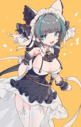 Rule 34 | 1girl, aka kan, aqua eyes, azur lane, blunt bangs, breasts, cheshire (azur lane), cleavage, cowboy shot, dress, fang, grey hair, highres, large breasts, looking at viewer, maid headdress, multicolored hair, paw pose, simple background, skin fang, skindentation, solo, streaked hair, thighhighs, white thighhighs, world of warships, wrist cuffs, yellow background