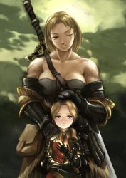Rule 34 | 1boy, 1girl, arisen (dragon&#039;s dogma), armor, bare shoulders, blonde hair, breasts, capcom, collarbone, commentary request, corset, dragon&#039;s dogma, dragon&#039;s dogma (series), elbow gloves, gauntlets, gloves, hand on another&#039;s head, headpat, height difference, highres, huge weapon, ironlily, large breasts, one-eyed, over shoulder, pawn (dragon&#039;s dogma), planted, planted sword, planted weapon, purple eyes, scar, short hair, smile, sword, sword over shoulder, weapon, weapon over shoulder, yellow eyes