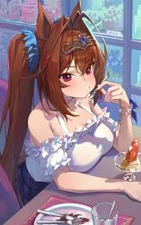 Rule 34 | 1girl, absurdres, animal ears, antenna hair, bare shoulders, blue skirt, blush, breast rest, breasts, brown hair, c2h6o, cleavage, daiwa scarlet (umamusume), dessert, eating, food, hair intakes, highres, horse ears, horse girl, large breasts, looking at viewer, off-shoulder shirt, off shoulder, pout, red eyes, shirt, sitting, skirt, solo, twintails, umamusume, white shirt