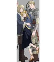 Rule 34 | 1boy, 2girls, :o, absurdres, against wall, arm at side, armor, belt, black pants, blonde hair, blue capelet, blue jacket, blue robe, boots, boy and girl sandwich, braid, brother and sister, brown footwear, brown shorts, capelet, chainmail, closed mouth, dungeon meshi, elf, falin touden, falin touden (tallman), french braid, from side, frown, gorget, green eyes, grey background, hair over eyes, hand on wall, hand up, head on chest, head rest, height difference, highres, holding, holding staff, hood, hood down, hooded capelet, hug, jacket, knee guards, laios touden, long hair, long sleeves, looking at viewer, looking to the side, marcille donato, multiple girls, negative space, one eye covered, open mouth, outstretched arm, pants, pants under shorts, parted bangs, pauldrons, plate armor, pointy ears, robe, sandals, sandwiched, short hair, shorts, shoulder armor, siblings, side braid, sprout, staff, standing, standing on one leg, stepped on, sweat, sword, vambraces, weapon, white pants, wide sleeves, winged sword, xiiiiiiiii, yellow eyes, yellow footwear