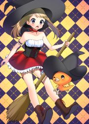 Rule 34 | 1girl, absurdres, arm garter, bare shoulders, blush, boots, broom, broom riding, brown hair, checkered background, choker, collarbone, corset, creatures (company), dirndl, film grain, frilled skirt, frills, game freak, gen 3 pokemon, german clothes, halloween, halloween costume, hat, highres, looking down, may (pokemon), nintendo, open mouth, pokemon, pokemon (creature), pokemon oras, purple eyes, shadow, skirt, surprised, torchic, underbust, witch, witch hat, yuihico