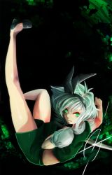 Rule 34 | 1girl, alternate hair color, black background, artistic error, from side, gradient background, green background, green eyes, green sky, green vest, high heels, highres, holding, holding sword, holding weapon, konpaku youmu, legs, looking at viewer, midriff, pumps, riko (rikooh), serious, shirt, short hair, short sleeves, skirt, skirt set, slit pupils, solo, sparkle, sword, thighs, touhou, vest, weapon, white shirt