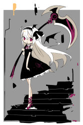 Rule 34 | 1girl, :o, ahoge, ankle lace-up, bare shoulders, black bow, black dress, black hairband, black wings, blush stickers, border, bow, commission, cross-laced footwear, crossed legs, demon wings, detached collar, detached wings, dress, floating hair, frilled bow, frills, from side, full body, grey background, hair between eyes, hair bow, hairband, hand up, head wings, highres, holding, holding polearm, holding scythe, holding weapon, huge weapon, limited palette, lolita hairband, long hair, looking at viewer, looking to the side, neck ribbon, no nose, no pupils, off-shoulder dress, off shoulder, original, outside border, over shoulder, parted lips, petticoat, polearm, purple footwear, purple ribbon, ribbon, scythe, shoes, short sleeves, single head wing, skeb commission, solo, stairs, standing, swept bangs, tareme, very long hair, watson cross, weapon, weapon over shoulder, white border, white hair, wing collar, wings, wrist extended, yukihi
