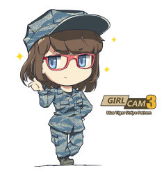 Rule 34 | 1girl, blue eyes, boots, brown hair, camouflage, camouflage headwear, camouflage jacket, camouflage pants, chibi, commentary request, cross-laced footwear, graphite (medium), hat, jacket, lace-up boots, military, military hat, military uniform, original, pants, red-framed eyewear, short hair, smile, solo, tanto (tc1995), title, traditional media, uniform, white background