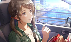 Rule 34 | 1girl, bag, between breasts, blush, book, braid, breast pocket, breasts, bridge, brown eyes, brown hair, car interior, chibi, city, closed mouth, day, eating, eyebrows, eyelashes, food, from side, green jacket, hair ribbon, handbag, holding, holding book, holding food, jacket, light rays, lips, long hair, low twintails, medium breasts, mirror, open clothes, open jacket, original, pocket, pocky, reading, red ribbon, reflection, ribbon, river, seat, smile, solo, strap between breasts, sunbeam, sunlight, swept bangs, twintails, upper body, zattape
