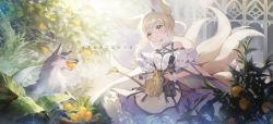 Rule 34 | 1girl, absurdres, animal ears, arknights, blonde hair, blue dress, blue hairband, blush, chap sal !, copyright name, dress, food, fox, fox ears, fox girl, fox tail, fruit, hairband, head tilt, highres, holding, holding watering can, huge filesize, looking at viewer, multiple tails, off-shoulder dress, off shoulder, orange (fruit), smile, solo, suzuran (arknights), tail, watering can, yellow eyes