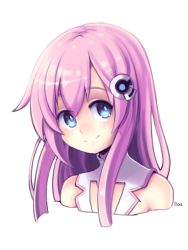 Rule 34 | 1girl, blue eyes, blue pupils, boa (brianoa), closed mouth, cropped torso, hair ornament, head tilt, long hair, looking at viewer, neptune (series), pink hair, portrait, purple sister, signature, smile, solo, transparent background
