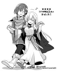 Rule 34 | 1boy, 1girl, boots, brother and sister, cape, circlet, closed eyes, dancing, dress, fire emblem, fire emblem: genealogy of the holy war, hand grab, headband, holding hands, julia (fire emblem), monochrome, musical note, nintendo, sandals, sash, seliph (fire emblem), siblings, simple background, walking, wide sleeves, yukia (firstaid0)