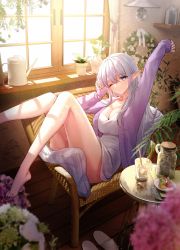 Rule 34 | 1girl, arm up, bare legs, barefoot, blue eyes, breasts, cleavage, couch, dress, elf, hair between eyes, hand on own head, hi-na1, highres, knees up, long sleeves, morning, on couch, one eye closed, original, pitcher (container), plant, pointy ears, potted plant, purple sweater, slippers, solo, sunlight, sweater, table, unworn slippers, waking up, white dress, window, wooden floor