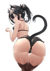 Rule 34 | 1girl, ahoge, animal ears, ass, back, bent over, black hair, black panties, black ribbon, black thighhighs, blue eyes, blush, cat ears, cat girl, cat tail, commentary, extra ears, frilled panties, frills, from behind, hair ribbon, half-closed eyes, halterneck, highres, leaning forward, looking at viewer, looking back, medium hair, original, panties, parted lips, paw pose, ponytail, ribbon, simple background, slit pupils, solo, standing, tail, talte01, thigh gap, thighhighs, underwear, underwear only, white background