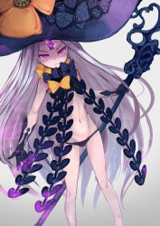 Rule 34 | 1girl, abigail williams (fate), abigail williams (third ascension) (fate), black bow, black gloves, black hat, black panties, black shirt, bow, breasts, closed mouth, commentary request, crop top, dutch angle, fate/grand order, fate (series), gloves, glowing, glowing eyes, gradient background, grey background, groin, hat, highres, holding, holding staff, long hair, looking at viewer, lowleg, lowleg panties, navel, orange bow, panties, polka dot, polka dot bow, purple eyes, sawawse, shirt, silver hair, simple background, sleeveless, sleeveless shirt, small breasts, solo, staff, standing, underwear, v-shaped eyebrows, very long hair, white background