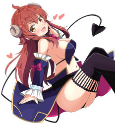 Rule 34 | 1girl, :d, ahoge, aikawa ryou, ass, black panties, black thighhighs, blue sleeves, blush, bow, breasts, brown eyes, brown hair, cleavage, commentary request, curled horns, demon girl, demon horns, demon tail, detached sleeves, fang, feet out of frame, hair between eyes, hand up, heart, highres, horns, index finger raised, juliet sleeves, long hair, long sleeves, machikado mazoku, medium breasts, navel, open mouth, panties, pink bow, puffy sleeves, simple background, sleeves past wrists, smile, solo, tail, thighhighs, underwear, very long hair, white background, yoshida yuuko (machikado mazoku)