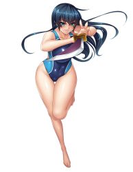 Rule 34 | 1girl, bare legs, bare shoulders, barefoot, blue hair, blue one-piece swimsuit, breasts, closed mouth, competition swimsuit, covered erect nipples, covered navel, curvy, female focus, fingernails, full body, green eyes, highres, holding, holding sword, holding weapon, igawa asagi, jumping, kagami hirotaka, katana, large breasts, lilith-soft, long hair, looking at viewer, one-piece swimsuit, parted lips, reverse grip, shiny clothes, shiny skin, simple background, solo, swimsuit, sword, taimanin (series), taimanin asagi, taimanin asagi zero, thighs, weapon, white background
