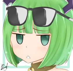 Rule 34 | 1girl, annoyed, bob cut, brandish mew, breasts, fairy tail, green hair, highres, source request, sunglasses, sunglasses on head, tagme