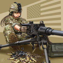 Rule 34 | 1girl, aiming, american flag, ammunition belt, ammunition box, boots, brown hair, browning m2, camouflage, combat boots, commentary, crew-served weapon, full body, gloves, green eyes, gun, headset, heavy machine gun, helmet, highres, jpc, licking lips, load bearing vest, long hair, machine gun, military, military uniform, original, sergeant, shell casing, sleeves rolled up, solo, tongue, tongue out, uniform, united states, united states army, weapon