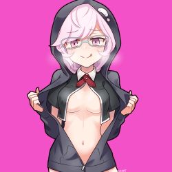 Rule 34 | 1girl, :q, black hoodie, black jacket, blue-framed eyewear, blush, breasts, breasts apart, collared jacket, cropped jacket, cross tie, daito academy school uniform, dot nose, glasses, highres, hood, hood up, hoodie, jacket, kazari jun, looking at viewer, magia record: mahou shoujo madoka magica gaiden, mahou shoujo madoka magica, midriff, momo tomato, naughty face, navel, necktie, partially unzipped, pink background, pink eyes, pink hair, red necktie, school uniform, simple background, smile, solo, star (symbol), steam from mouth, swept bangs, tongue, tongue out, twitter username, upper body