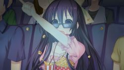 Rule 34 | 10s, 1girl, audience, bespectacled, blue hair, bow, date a live, dress, drink, food, game cg, glasses, indoors, itsuka shidou, long hair, movie theater, open mouth, pointing, popcorn, puffy short sleeves, puffy sleeves, purple eyes, purple hair, ribbon, short sleeves, solo focus, sweatdrop, theater, tsunako, yatogami tooka