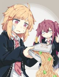 Rule 34 | 2girls, absurdres, ahoge, bandage on face, bandages, blazer, blonde hair, blush, character request, constricted pupils, copyright request, cup ramen, dropping, failure, food, hair ornament, hairclip, highres, holding, holding food, instant soba, jacket, jitome, long hair, multiple girls, necktie, open mouth, pleated skirt, purple eyes, purple hair, shiro9jira, short hair, simple background, skirt, sweatdrop, thick eyebrows, twintails, yakisoba, yakisoba spill