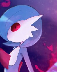Rule 34 | 1girl, alternate color, aura, blue hair, blue skin, bob cut, closed mouth, colored skin, creatures (company), dark aura, expressionless, female focus, flat chest, game freak, gardevoir, gen 3 pokemon, hair over one eye, hand up, highres, looking at viewer, multicolored skin, nintendo, one eye covered, pokemon, pokemon (creature), purple background, red eyes, rize (r), shiny pokemon, short hair, solo, standing, two-tone skin, upper body, white skin