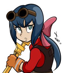 Rule 34 | 1girl, blouse, blue hair, constanze amalie von braunschbank-albrechtsberger, cosplay, crossover, engineer (tf2), frank araya, goggles, green eyes, hairband, little witch academia, long hair, overalls, red engineer (tf2), red shirt, shirt, team fortress 2, the engineer (cosplay), wrench
