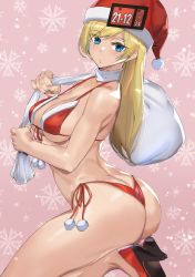 Rule 34 | 1girl, ashiomi masato, ass, back, bag, bare shoulders, bikini, blonde hair, blue eyes, breasts, butt crack, christmas, closed mouth, collarbone, commentary request, from side, fur trim, guilty gear, guilty gear strive, hat, high heels, highres, holding, holding bag, long hair, looking at viewer, looking to the side, medium breasts, millia rage, pink background, red footwear, red hat, santa hat, seiza, sitting, snowflakes, solo, swimsuit, thighs