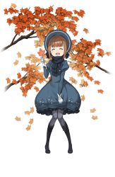 Rule 34 | 1girl, :d, autumn leaves, beatrice (princess principal), black footwear, black scarf, blue dress, bonnet, brown hair, cross-laced footwear, dress, closed eyes, facing viewer, full body, gloves, grey legwear, highres, holding, holding leaf, leaf, looking at viewer, official art, open mouth, princess principal, princess principal game of mission, scarf, smile, solo, standing, transparent background, white gloves