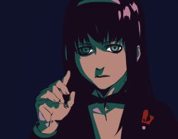 Rule 34 | 1girl, akemi homura, alternate costume, blazer, blue background, commentary, dress shirt, english commentary, expressionless, eyelashes, fingernails, formal, gangster, hairband, hand up, high contrast, highres, index finger raised, jacket, jitome, limited palette, long hair, long sleeves, looking at viewer, mafia, mahou shoujo madoka magica, mahou shoujo madoka magica (anime), parted lips, purple hair, shirt, simple background, solo, tuxedo, white shirt, xenos, yellow eyes
