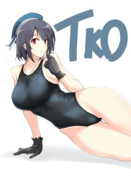 Rule 34 | 10s, 1girl, arena (company), beret, black hair, blush, breasts, competition swimsuit, curvy, female focus, gloves, halcon, hat, highres, kantai collection, large breasts, looking at viewer, lying, on side, one-piece swimsuit, red eyes, short hair, simple background, smile, solo, swimsuit, takao (kancolle), thigh gap, wide hips