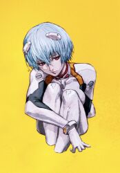 Rule 34 | 1girl, ayanami rei, blue hair, bodysuit, commentary request, expressionless, headgear, highres, interface headset, iwamoto tatsurou, knees to chest, looking to the side, neon genesis evangelion, pilot suit, plugsuit, rebuild of evangelion, red eyes, short hair, simple background, sitting, solo, white bodysuit, yellow background