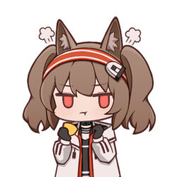 Rule 34 | 1girl, :t, angelina (arknights), animal ear fluff, animal ears, arknights, black gloves, black shirt, blush, brown hair, closed mouth, food, fruit, gloves, hairband, hands up, holding, holding food, jacket, lemon, long sleeves, lxjun 09, open clothes, open jacket, pout, puffy long sleeves, puffy sleeves, red hairband, shirt, simple background, solo, striped clothes, striped hairband, twintails, upper body, v-shaped eyebrows, white background, white jacket
