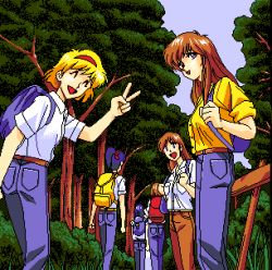 Rule 34 | 1990s (style), 3girls, 5 jikanme no venus, ^ ^, blonde hair, brown hair, closed eyes, fairy dust, forest, game cg, lowres, multiple girls, nature, outdoors, pc98, pixel art, retro artstyle, tagme, tree, v