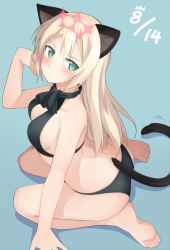 Rule 34 | 1girl, animal ears, ass, bad id, bad pixiv id, barefoot, bikini, black bikini, blonde hair, blue background, blush, breasts, cat ears, cat tail, cleavage, collarbone, commentary request, feet, from above, green eyes, heinrike prinzessin zu sayn-wittgenstein, hirschgeweih antennas, long hair, looking at viewer, mobu, noble witches, sitting, soles, solo, strike witches, swimsuit, tail, toes, wariza, world witches series