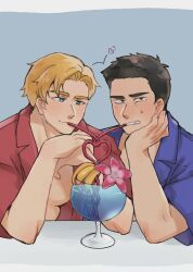 Rule 34 | 2boys, annoyed, ao isami, bara, black hair, blonde hair, blush, cocktail glass, collared shirt, couple, crazy straw, cup, deflect, dmp221190800, drinking glass, drinking straw, elbow rest, facial hair, heart, heart straw, highres, lewis smith, male focus, multiple boys, shared straw, sharing food, shirt, sideburns stubble, stubble, thick eyebrows, upper body, yaoi, yuuki bakuhatsu bang bravern