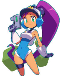 Rule 34 | 1girl, breasts, closed mouth, commentary request, cosplay, covered navel, dark skin, dark-skinned female, gloves, green eyes, gun, handgun, hat, holding, holding gun, holding weapon, long hair, looking at viewer, medium breasts, metata, mighty (series), mighty switch force!, patricia wagon, patricia wagon (cosplay), pistol, purple gloves, purple hair, shantae, shantae (series), simple background, smile, solo, thighs, very long hair, weapon, white background