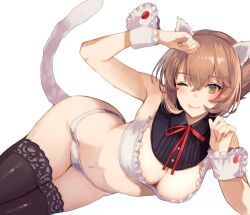 Rule 34 | 1girl, ;), alternate costume, animal ears, arm up, bra, breasts, brown hair, cat ears, cat tail, cleavage, commentary request, elbow rest, fake animal ears, fake tail, green eyes, hair between eyes, kantai collection, kasumi (skchkko), large breasts, lying, mutsu (kancolle), navel, on side, one eye closed, panties, paw pose, short hair, smile, solo, tail, underwear, white background, white bra, white panties, white wrist cuffs, wrist cuffs