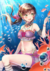 Rule 34 | 1girl, :d, absurdres, air bubble, alternate hairstyle, bang dream!, bikini, bikini top only, blush, bracelet, breasts, brown hair, bubble, center frills, cleavage, coral, detached collar, detached sleeves, earrings, fins, fish, frilled bikini, frilled bikini top, frills, gem, green eyes, groin, head chain, head fins, highres, imai lisa, jewelry, long hair, medium breasts, mia (fai1510), navel, necklace, open mouth, pearl (gemstone), purple bikini, see-through, see-through sleeves, sitting, smile, solo, swimsuit, twintails, underwater