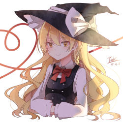 Rule 34 | 1girl, black dress, blonde hair, blush, bow, bowtie, braid, buttons, crossed arms, dated, dress, hands in opposite sleeves, hat, hat bow, kirisame marisa, long hair, long sleeves, looking at viewer, puffy sleeves, red bow, side braid, signature, simple background, smile, solo, toriki, touhou, very long hair, vest, white background, white bow, witch hat, yellow eyes
