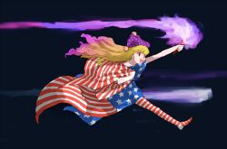 Rule 34 | 1girl, :d, american flag, american flag legwear, blonde hair, clownpiece, fire, full body, hat, highres, jester cap, long hair, motsuni (artist), no shoes, open mouth, pantyhose, purple fire, red eyes, running, smile, striped clothes, striped pantyhose, torch, touhou, very long hair