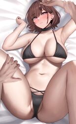Rule 34 | 1boy, 1girl, absurdres, armpits, artist name, bad id, bad pixiv id, bikini, black bikini, black choker, blush, breasts, choker, closed mouth, collarbone, commentary, edmun6969, hair ornament, hairclip, hand on another&#039;s thigh, hetero, highres, higuchi madoka, idolmaster, idolmaster shiny colors, large breasts, looking at viewer, lying, mole, mole under eye, navel, on back, presenting armpit, red hair, short hair, solo focus, sweat, swimsuit