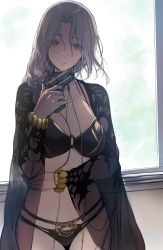Rule 34 | 1girl, backlighting, bikini, black bikini, bracelet, breasts, carmilla (fate), carmilla (swimsuit rider) (fate), carmilla (swimsuit rider) (third ascension) (fate), cleavage, collarbone, curly hair, fate/grand order, fate (series), gun, handgun, hews, highres, jewelry, large breasts, long hair, looking at viewer, multi-strapped bikini, navel, parted bangs, parted lips, pistol, silver hair, solo, swimsuit, weapon, yellow eyes