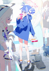 4girls absurdres bare_legs blue_archive blue_hair blue_hoodie bm_tol character_request closed_mouth food food_in_mouth fubuki_(blue_archive) gloves grey_hair hair_bun highres holding holding_food hood hood_down hoodie kirino_(blue_archive) long_hair long_sleeves looking_back mouth_hold multicolored_hair multiple_girls pink_eyes shoes standing streaked_hair white_gloves