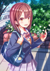 Rule 34 | 1girl, bad id, bad pixiv id, bag, bag charm, blazer, blue jacket, blush, bow, bowtie, breasts, brown eyes, brown hair, bush, charm (object), day, highres, jacket, long sleeves, looking at viewer, medium breasts, open mouth, original, outdoors, plaid, plaid skirt, pleated skirt, purple skirt, school bag, school uniform, shadow, short hair, skirt, sleeves past wrists, smile, solo, sweater, tenzeru