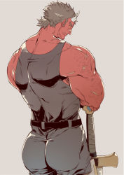 Rule 34 | 1boy, arm hair, ass, bad id, bad twitter id, bara, bare arms, belt, black tank top, broken horn, colored skin, facial hair, from behind, grey background, hinokumo f, horns, long sideburns, male focus, mature male, muscular, muscular male, oni, oni horns, orgus (f-kare), red skin, short hair, shoukan yuusha to f-kei kareshi, sideburns, solo, spiked hair, standing, stubble, sword, tank top, thick eyebrows, tusks, weapon